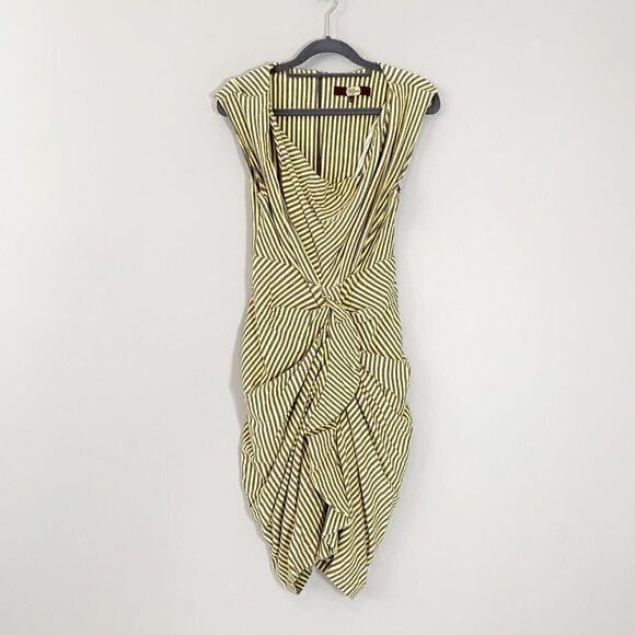 Eva Franco Anthropologie grey yellow lined ruched sleeveless stretch midi dress - Picture 1 of 12